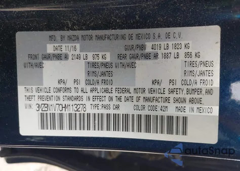 2017 Mazda Mazda3 Touring из США, поврежденный, VIN 3MZBN1V70HM113278